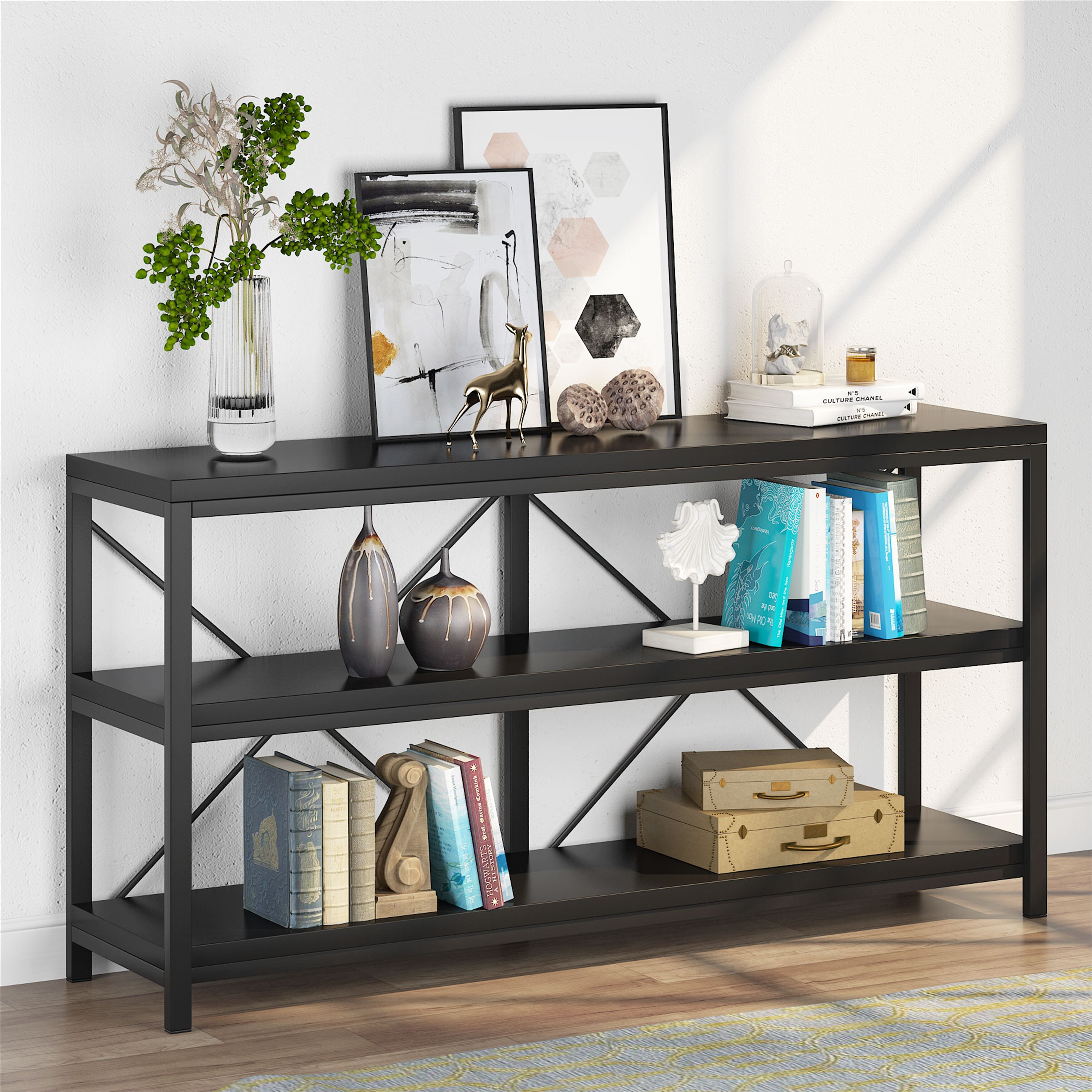 Long narrow deals table with storage